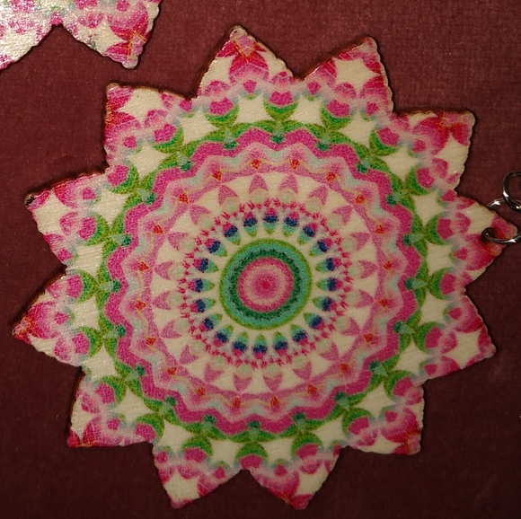 Floral Mandala Earrings Bohemian Round Wood Pink Green Boho Flower Steel Wires - Picture 5 of 7